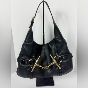 GUCCI Vintage BLACK LEATHER 85TH ANNIVERSARY GG MONOGRAM HOBO BAG